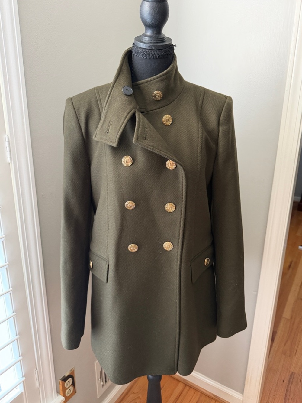 Zara Olive Green Double-Breasted Pea Coat with Gold Buttons